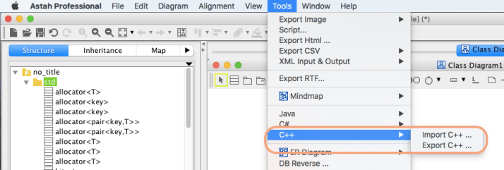 Astah C++ import export